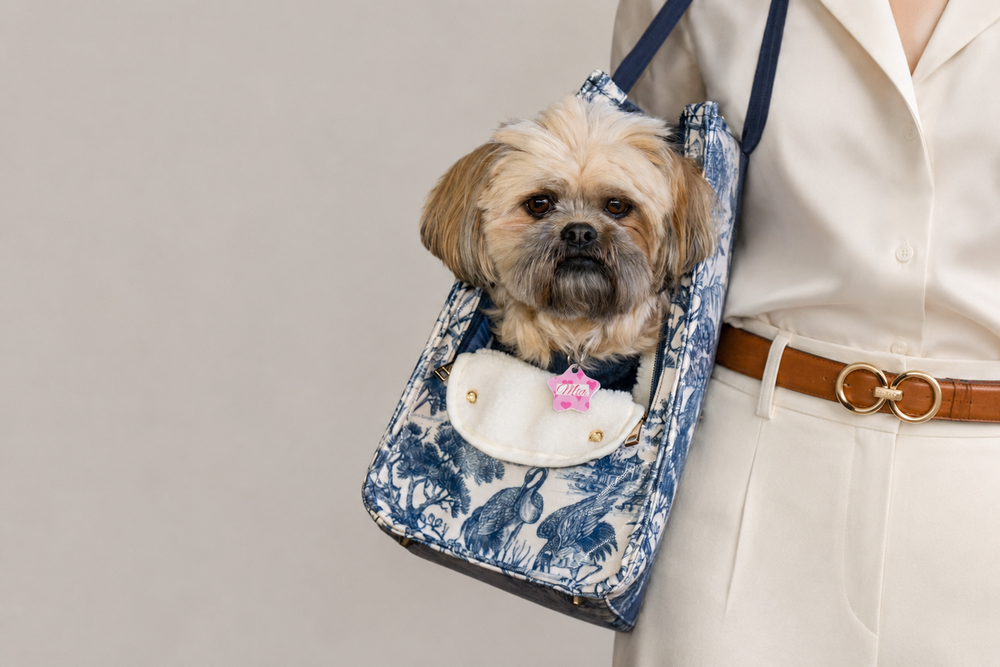 Woman carrying Mia Mor dog bag with small dog — lifestyle shot showing elegant everyday use