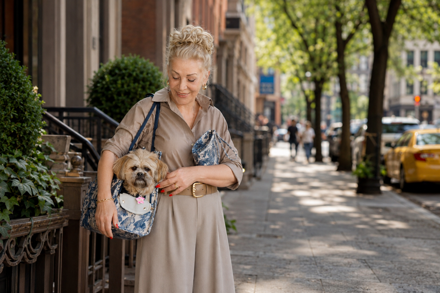 Mia Mor dog bag in New York — stylish woman with small dog and convertible tote in the city