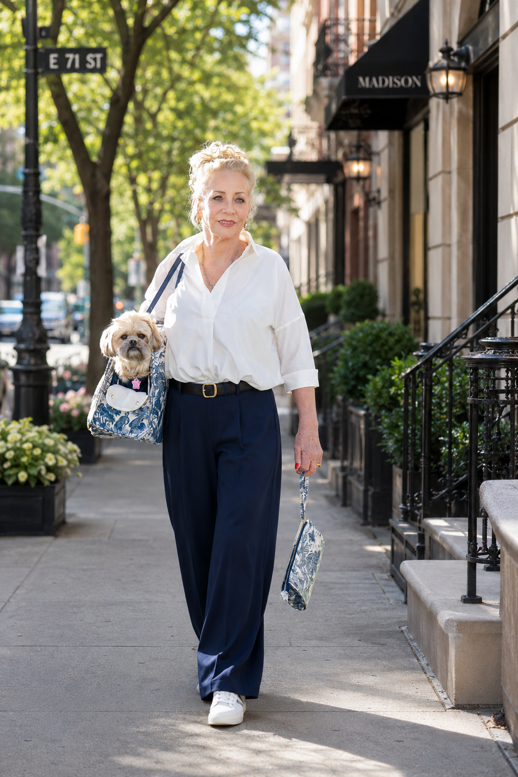 Woman walking with Mia Mor dog bag — comfortable carry with small dog inside premium tote