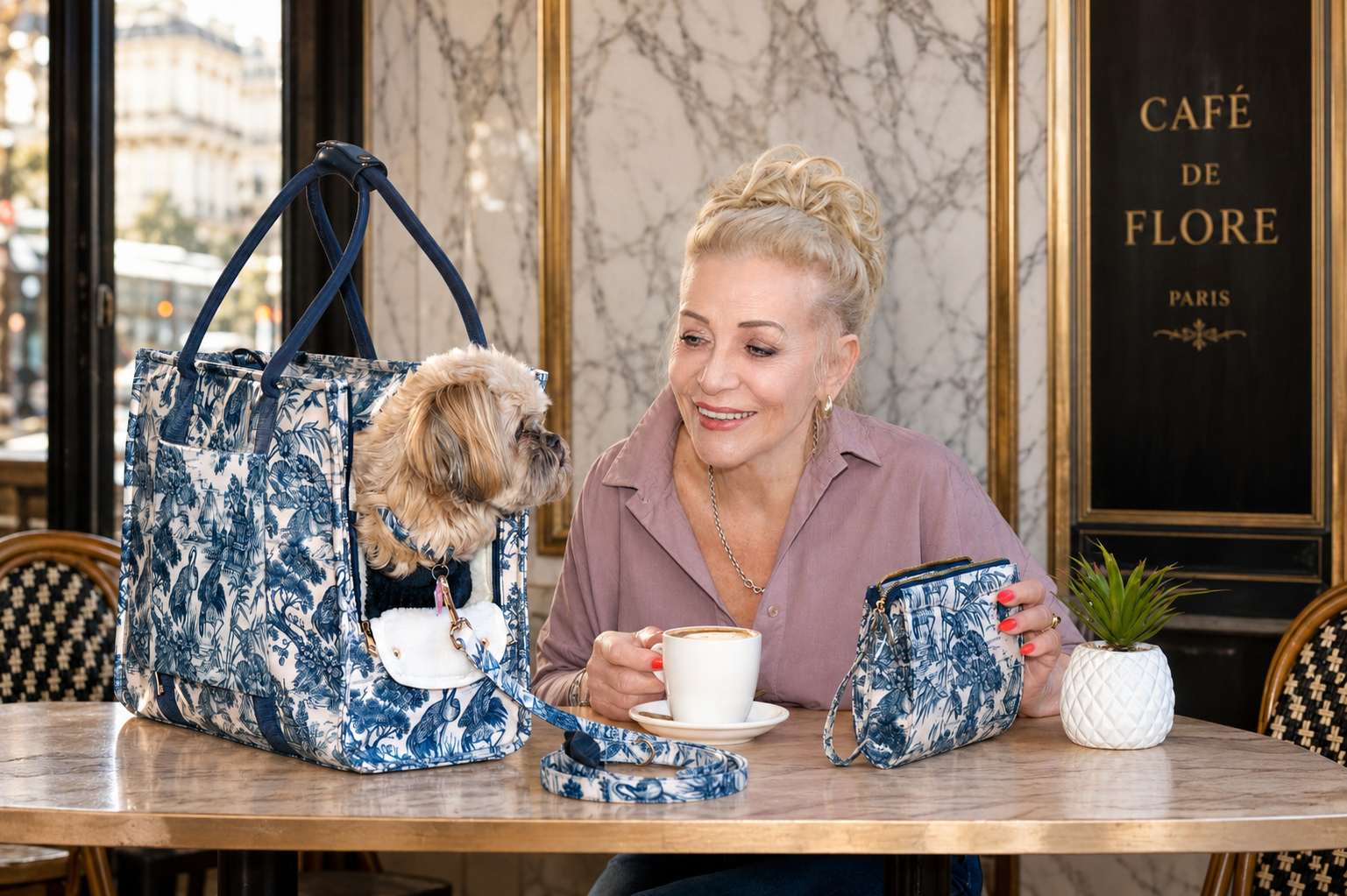 Mia Mor dog bag at outdoor café — small dog resting in elegant tote while owner enjoys coffee