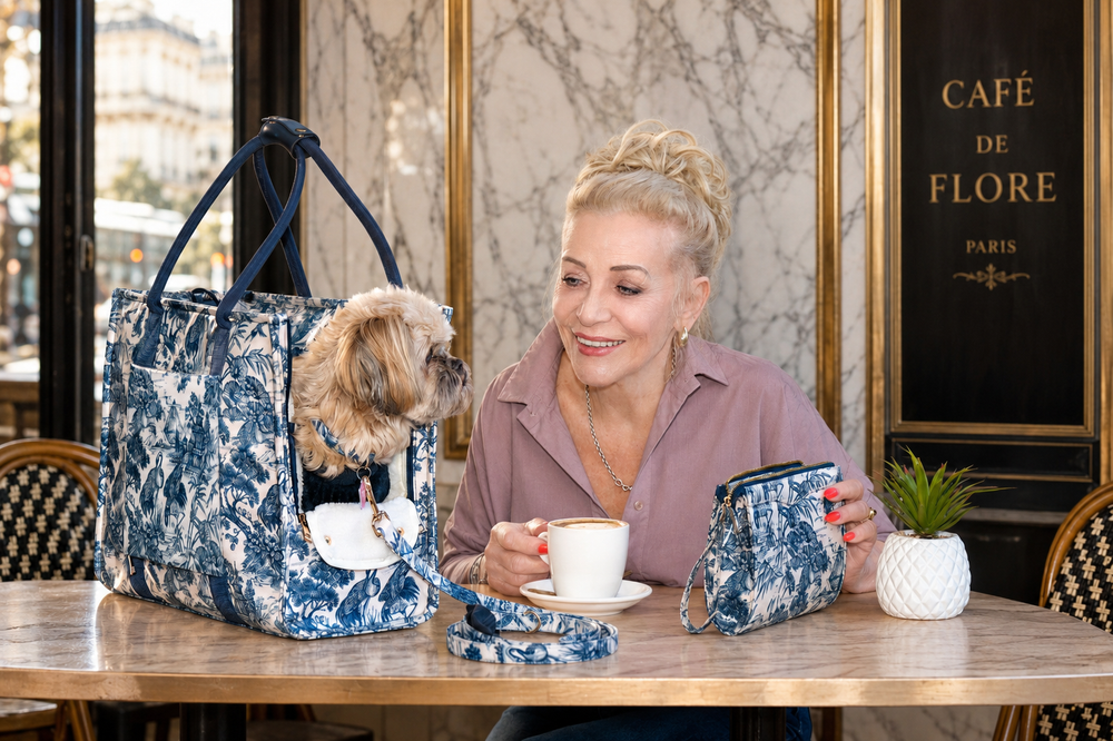 Mia Mor dog bag at café — woman enjoying coffee with small dog in Mia Mor convertible tote