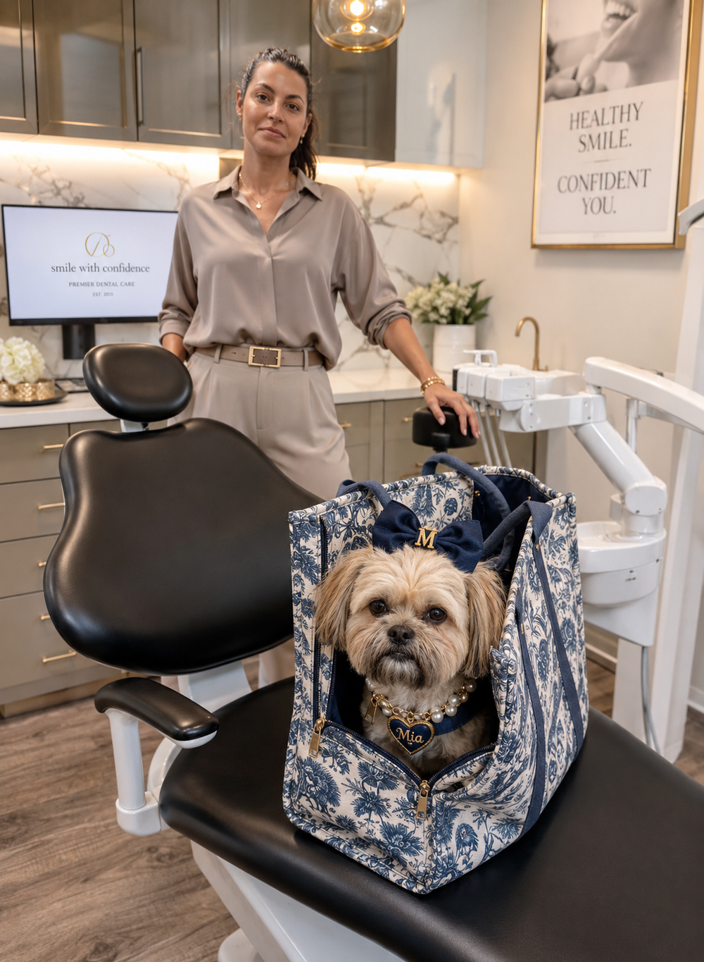 Small dog sitting in open Mia Mor tote — relaxed and comfortable in premium convertible dog bag